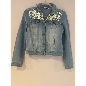 Mudd Denim Jean Jacket Blue Long Sleeve Junior Girls 14 Lace Embroidery Stretchy